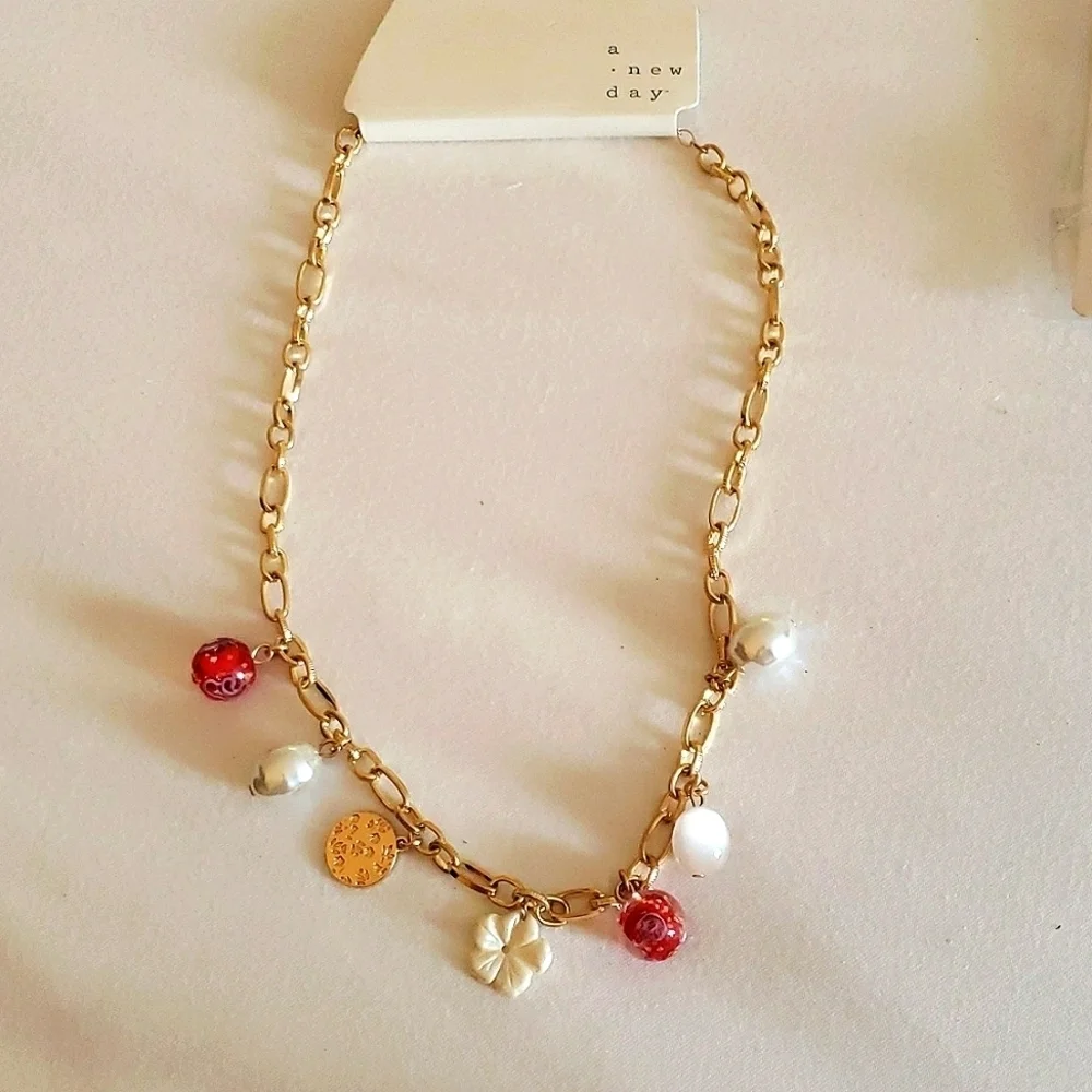 A New Day Necklace w/Red Blown Glass Beads, Floral Disc & Hibiscus Pendant - Picture 1 of 5